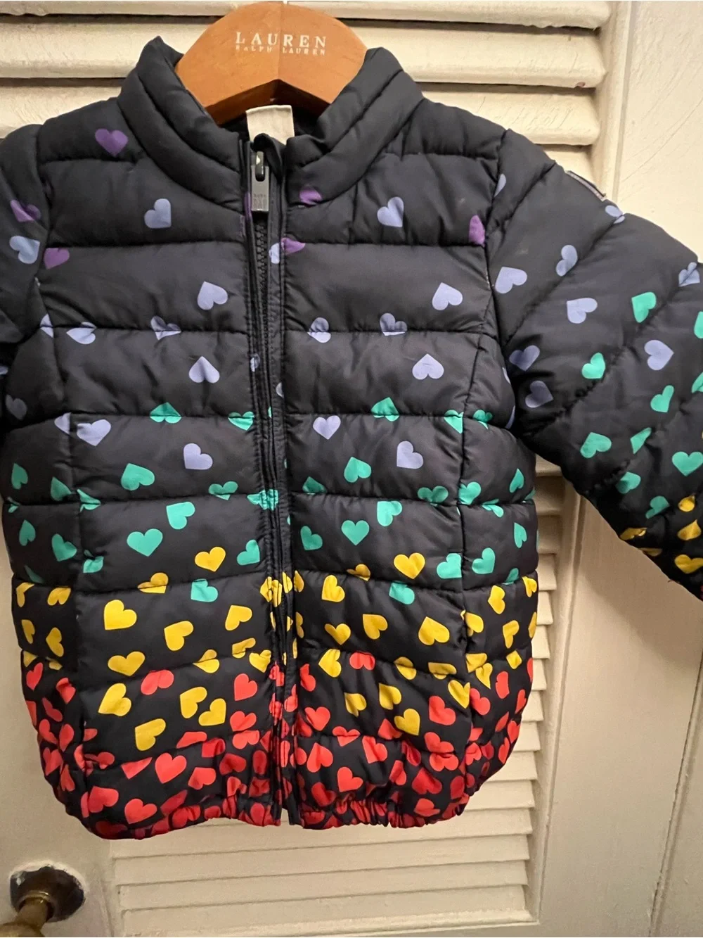 Baby Gap Toddler Girl  Quilted Puffer Jacket Size 3T Navy Blue Rainbow Hearts.
